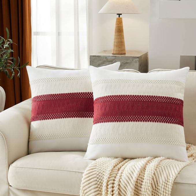2pk Boho Pillow Covers 24x24, Natural White/Contrast/Red | 100% Organic Cotton Body, Stripe Embroidery, Farmhouse Decorative Cushion Covers for Sofa Bed Living Room Home Decor