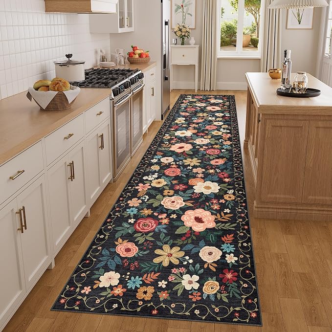 DUKINO 3x14 Washable Runner Rug, Non Slip Long Kitchen Runner Rug, Black | Soft, Low Pile, Floral Indoor Carpet Runner for Hallway, Entryway, Bedroom, Bathroom, Laundry, Pet Friendly, Home Decor