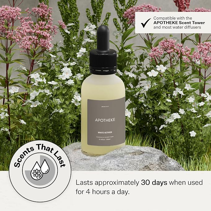 Apotheke Scent Tower Aromatherapy Diffuser Fragrance Refill, White Vetiver (30 ml) - Long-Lasting Perfume-Grade Essential Oil for Clean & Fresh Home, Office, Hotel & Large Rooms