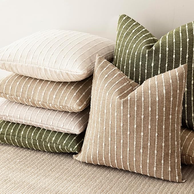 Foindtower Pack of 2 Decorative Jacquard Boucle Throw Pillow Covers Accent Textured Striped Pillowcases Soft Boho Modern Cushion for Couch Sofa Bedroom Living Room Home Decor 22x22 Inch Olive Green