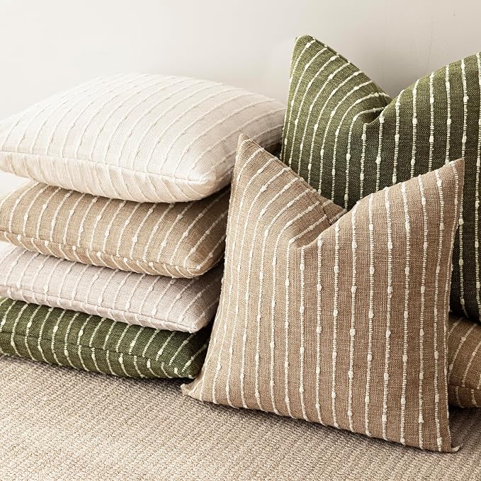 Foindtower Pack of 2 Decorative Jacquard Boucle Throw Pillow Covers Accent Textured Striped Pillowcases Soft Boho Modern Cushion for Couch Sofa Bedroom Living Room Home Decor 20x20 Inch Olive Green