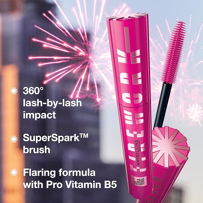 Maybelline Lash Sensational Firework Washable Mascara, Lengthening & Volumizing Mascara for up to 24HR wear, Brownish Black, 1 Count