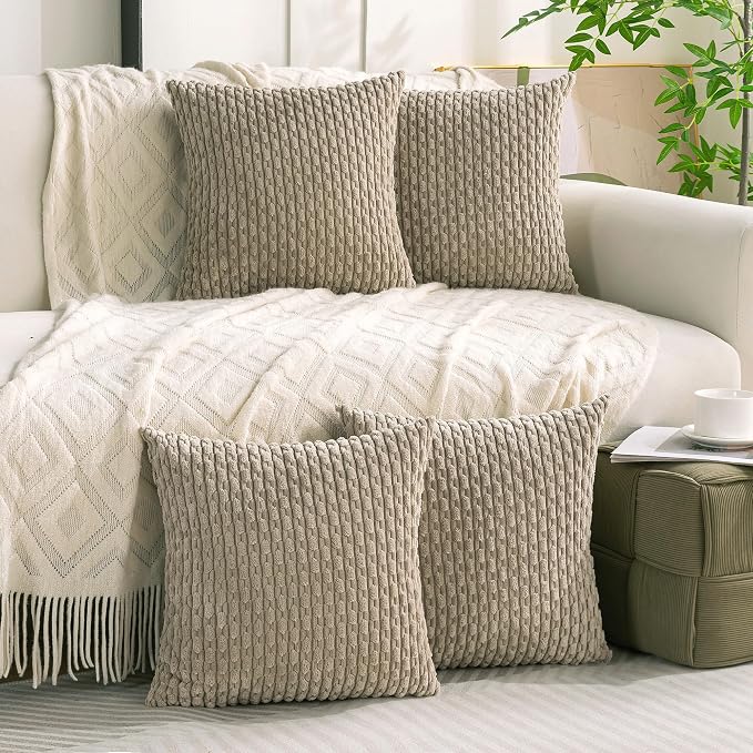 Set of 4 Taupe Decorative Throw Pillow Covers 24x24 Inch Corduroy Pillow Covers for Bed Couch Sofa Living Room Soft Square Cushion Cases