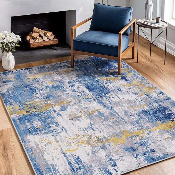 RELEANY Washable 4'x5' Abstract Area Rug for Living Room Blue Gold | carpet for bedroom, kitchen, office, hallway and entryway, printed pattern, non-slip, soft, stain-resistant, easy to clean