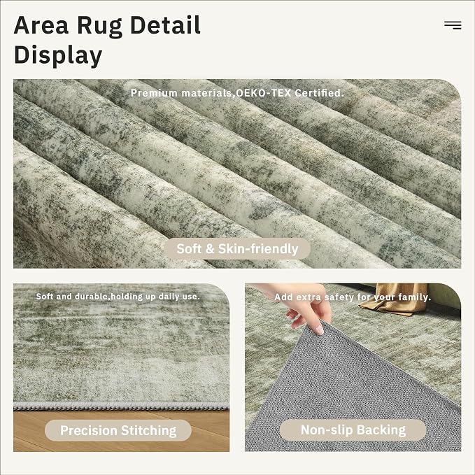 Soalmost Abstract Area Rug 6x9 for Living Room Washable Rugs Green Black | Non-Slip Low-Pile Carpet for Dining Bedroom, Foldable Thin Vintage Stain Resistant Floor Mat Under Table Home Office Nursery