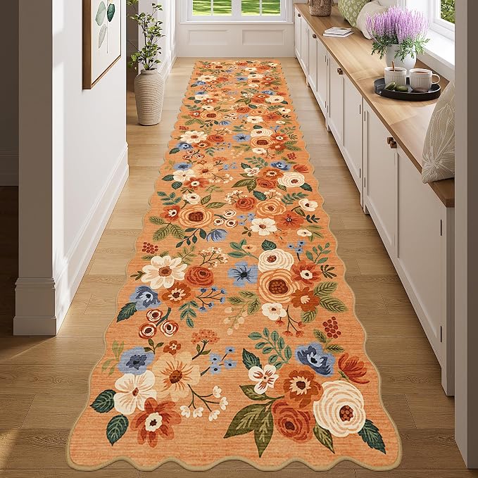 DUKINO 2x8 Washable Runner Rug, Floral Non Slip Kitchen Runner Rug, Orange | Low Pile, Soft Throw Rug Runner for Hallway, Entryway, Bedroom, Bathroom, Pet Friendly, Stain Resistant, Home Decor