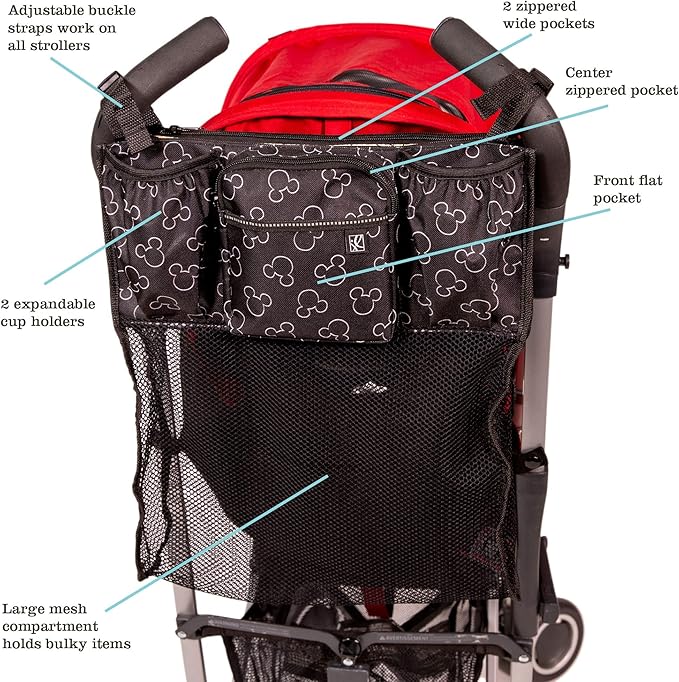 Disney Baby by J.L. Childress Cups 'N Cargo Stroller Caddy Organizer with Cup Holder - Stroller Accessories Bag, Travel Essential, Mesh Storage Attachment, Universal Fit - Mickey Mouse, Black