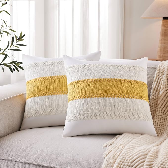 2pk Boho Pillow Covers 16x16, Natural White/Contrast/Mustard Yellow | 100% Organic Cotton Body, Stripe Embroidery, Farmhouse Decorative Cushion Covers for Sofa Bed Living Room Home Decor