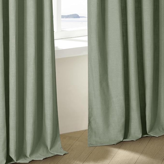 Pinch Pleated Sage Green Thick Linen Curtains 96 Inch Length 2 Panels Set | for Living Room Bedroom Window Sliding Glass Door, Light Filter Semi Sheer, Boho Farmhouse, Pinch Pleat with Hooks Rings 8ft
