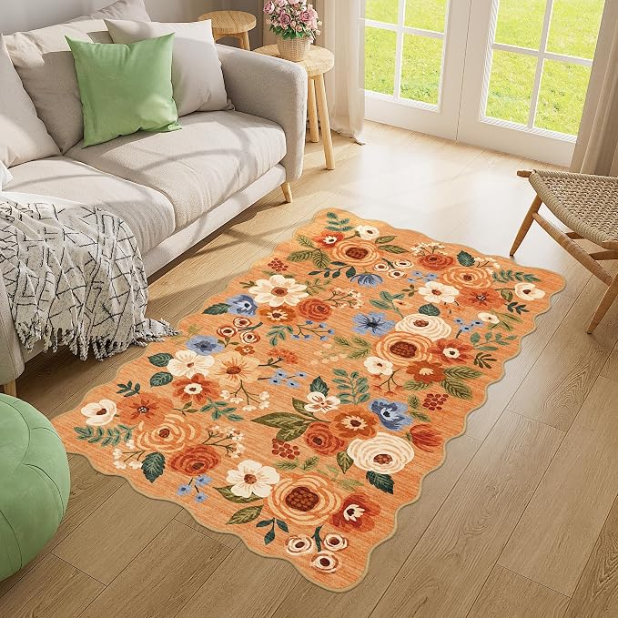 DUKINO 3x5 Area Rugs, Non Slip Floral Washable Rug for Bedroom, Orange | Soft, Low Pile, Non-Shedding Throw Rugs for Living Room, Entryway, Kitchen, Kids Room, Pet Friendly, Home Decor, Lightweight