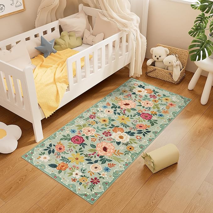 DUKINO 2x5 Runner Rug, Floral Washable Rug for Kitchen Non Slip, Green | Low Pile, Soft, Stain Resistant Indoor Rug Runner for Entryway, Hallway, Bedroom, Bathroom, Laundry, Pet Friendly, Home Decor