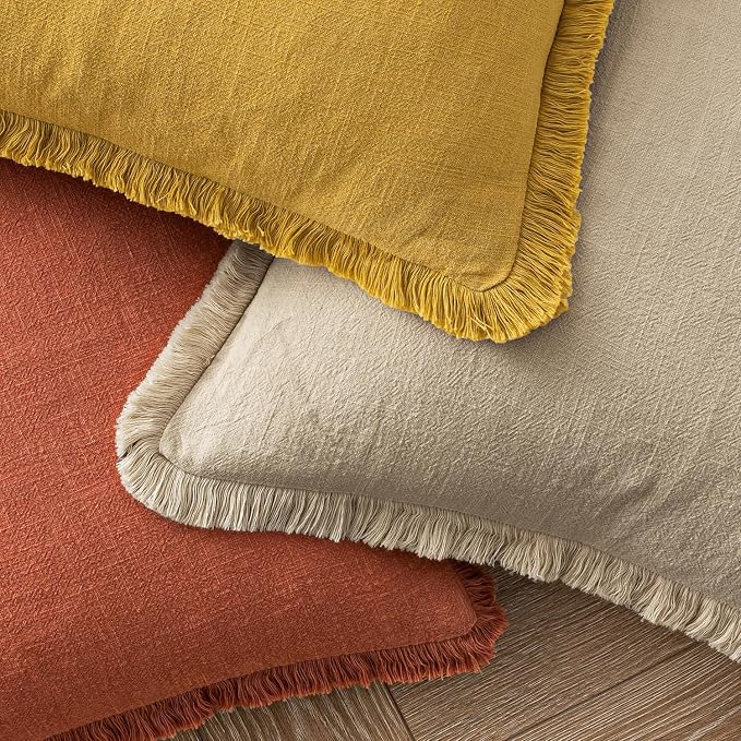 MIULEE Linen Decorative Fall Euro Throw Pillow Covers Burnt Orange 22x22 | Set of 2, Cottagecore Decor, Boho Farmhouse Neutral Fringe Pillow Covers, Rustic Fall Couch Cushion for Sofa Bed Living Room