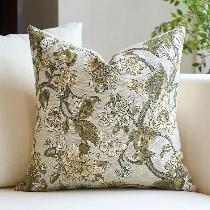 Neutral Floral Pillow Cover 18x18, Vintage Linen Square Pillow Cover Soft Decorative Farmhouse Accent Pillow Cases for Couch Bedroom Living Room Home Decor, Beige