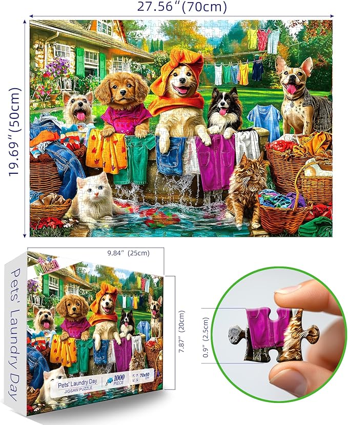 Laundry Day 1000 Piece Puzzle for Adults - Colorful Backyard Scene with Dogs & Cats Pet House Garden Jigsaw Puzzles, Unique & Fun Adult Games for Game Night Gift & Family Activities