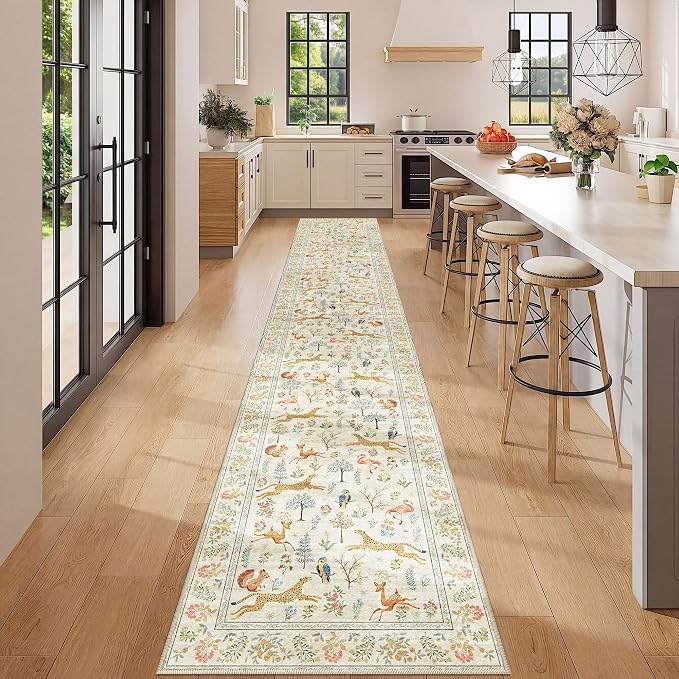 DUKINO 2x12 Washable Runner Rug, Non Slip Animal Rug for Kitchen, Beige | Soft, Low Pile, Non-Shedding Thin Indoor Long Runner Carpet for Hallway, Entryway, Bedroom, Bathroom, Laundry, Pet Friendly
