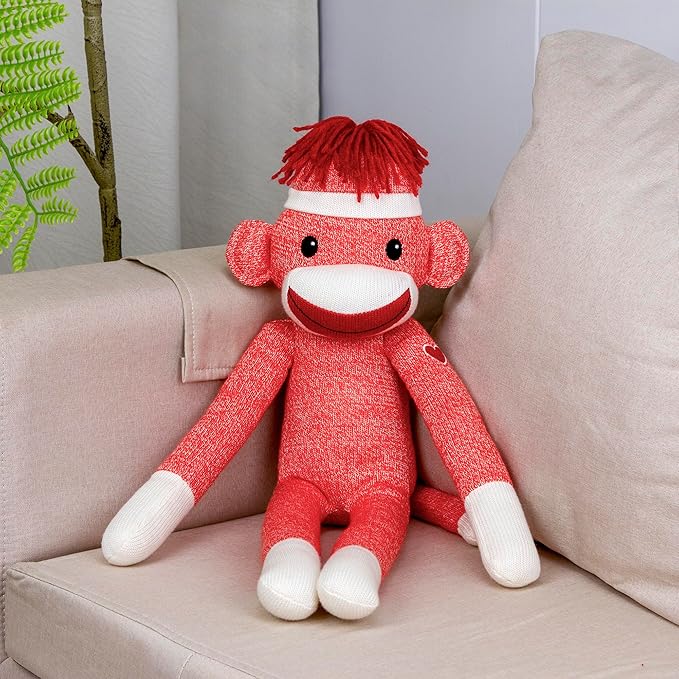 Plushland Adorable Orange Sock Monkey, The Original Traditional Hand Knitted Stuffed Animal Toy Gift-for Kids, Babies, Teens, Girls & Boys Baby Doll Present Puppet 20"