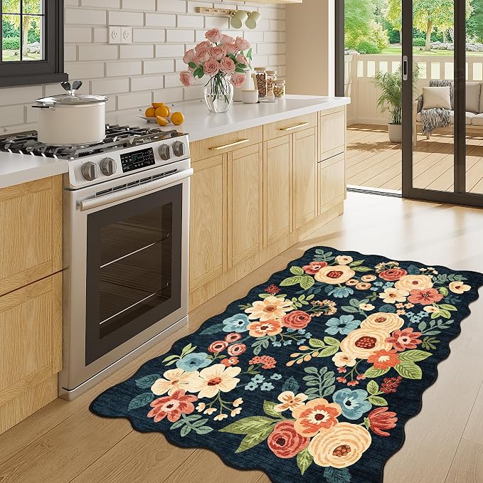 DUKINO 3x4 Rug, Non Slip Floral Washable Area Rug for Entryway, Navy Blue | Soft, Low Pile, Non-Shedding Indoor Throw Rugs for Kitchen, Hallway, Bedroom, Bathroom, Laundry, Pet Friendly, Home Decor