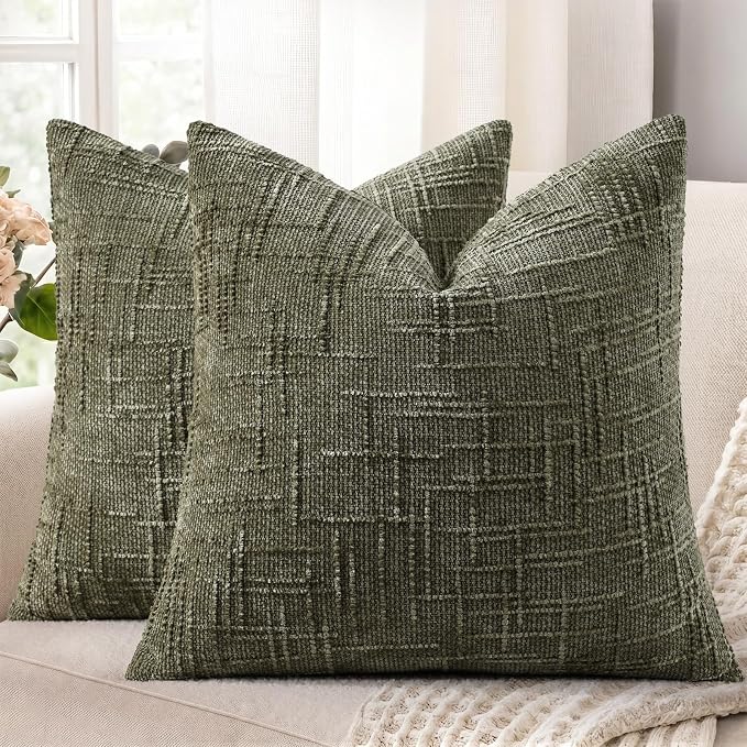 decorUhome Textured Chenille Throw Pillow Covers 18x18 Set of 2 Army Green | Fall Modern Farmhouse Soft Cozy Slubby Couch Pillow Cases Boho Decorative Pillow Cases for Bed Sofa Living Room Home Decor