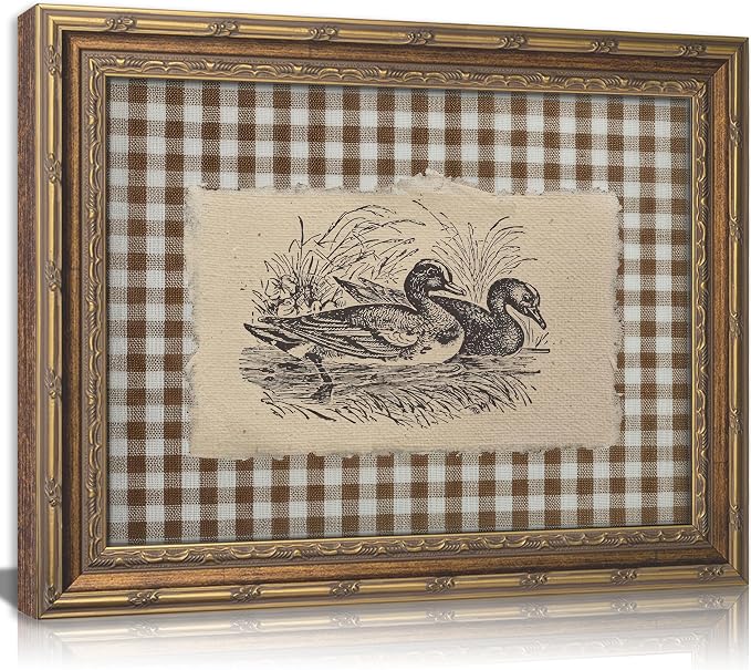 Vintage Gold Framed Wall Art, Brown Gingham Sketch Ducks Canvas Prints, Retro Rustic Farmhouse Animal Picture Wall Decor, Country Cottagecore Goose Poster Artwork for Living Room Bedroom