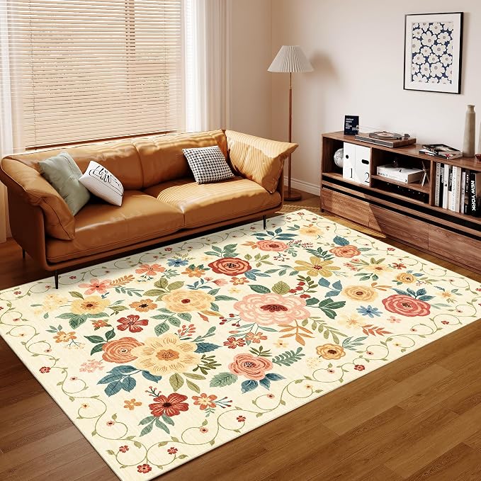 DUKINO 9x12 Area Rug for Living Room, Washable Rug Non Slip, Beige Yellow | Soft, Low Pile, Floral Indoor Large Rug for Bedroom, Dining Rom, Kids Playroom, Office, Pet Friendly, Home Decor, Lightweight