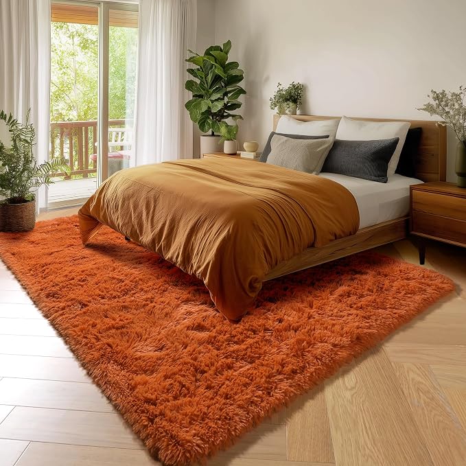 Amdrebio Burnt Orange Shag Plush Large Area Rug 6x9 for Living Room Bedroom | Fuzzy Shaggy Thick Big Rustic Carpet, Classroom Apartment Playroom Decor, Halloween, Baby Kids Toddler Corner, Dark Orange
