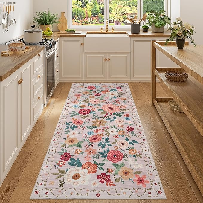 DUKINO 3x7 Kitchen Runner Rug, Washable Rug for Hallway Non Slip, Beige | Floral, Low Pile, Soft Indoor Rug for Bedroom, Bathroom, Entryway, Laundry, Pet Friendly, Stain Resistant, Modern Home Decor