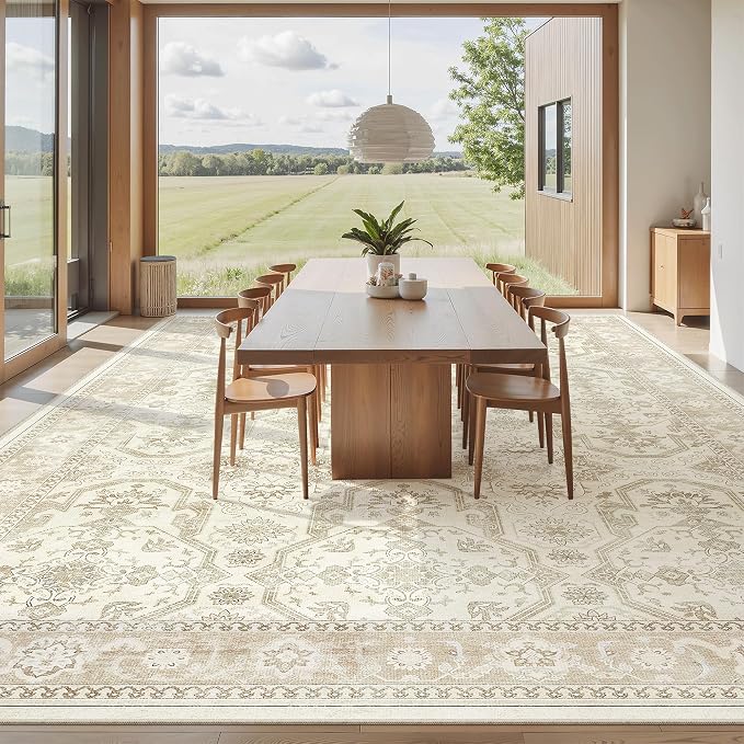 Soalmost 10x14 Area Rugs for Living Room Washable Rug Non-Slip Beige/Brown | Large Vintage Stain Resistant Carpet for Dining Bedroom, Low Pile Lightweight Foldable Floor Mat Nursery Home Office Decor