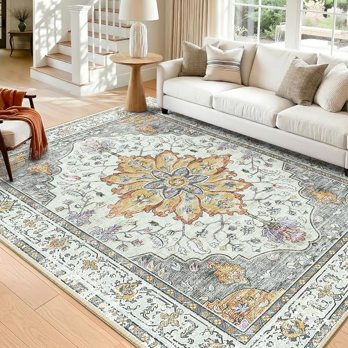 RELEANY Area Rugs 5'x7' Washable Non-Slip, Floral Vintage Distress Medallion Carpet for Living Room Bedroom Dining Room, Beige Carbon Grey Orange