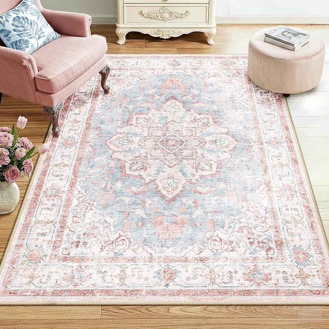 CAPALOCA 4x6 Washable Nursery Girls Low Pile Area Rug Pink Blue | Non-Slip Soft Rugs for Bedroom Kids Playroom Living Room, Print Pattern Water Repellent Carpet Indoor Decor
