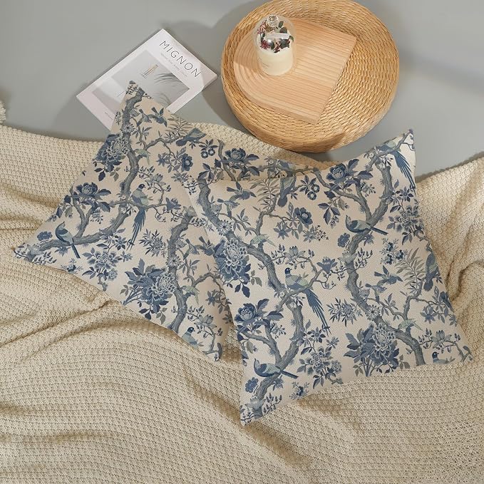 Chinoiserie Pillow Covers 16x16 Set of 2 Blue and White Bird Floral Throw Pillows Vintage Blue Flowers Decorations Outdoor Pillowcase Chinoiserie Decor Farmhouse Cushion Case for Couch Home
