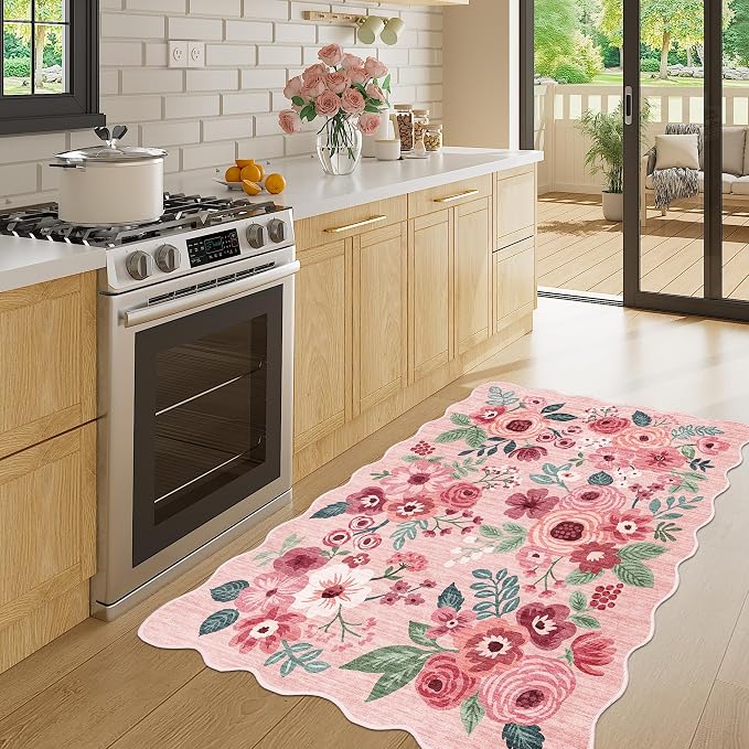 DUKINO 3x4 Rug, Non Slip Floral Washable Area Rug for Entryway, Pink | Soft, Low Pile, Non-Shedding Indoor Throw Rugs for Kitchen, Hallway, Bedroom, Bathroom, Laundry, Pet Friendly, Home Decor