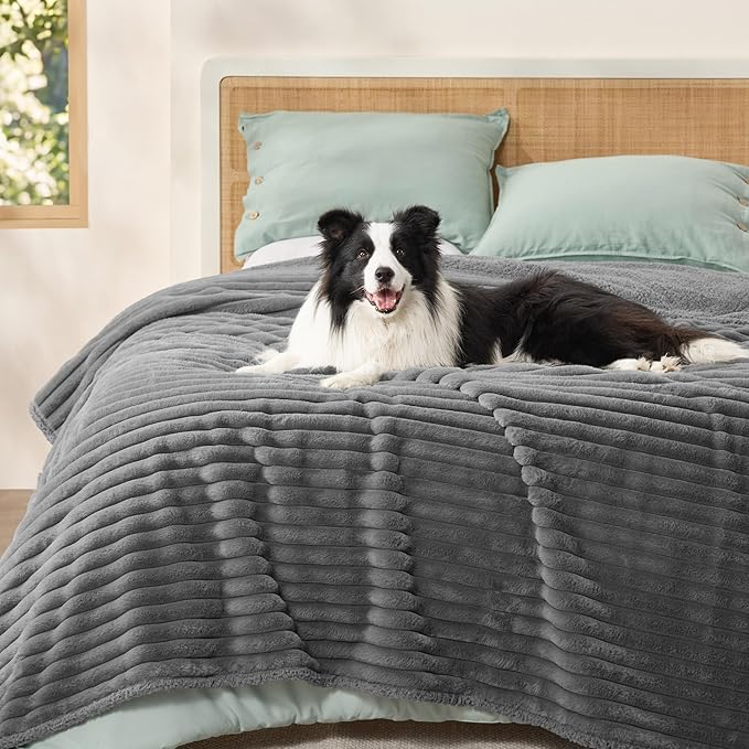 Bedsure ComfyFleece™ Waterproof Blanket for Bed - Soft Plush Dog Blankets for Large Dogs Corduroy Fleece Washable, Cozy Calming Reversible Furniture Protection for Pet Cat,86"x90", Queen, Warm Grey