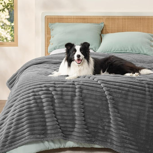 Bedsure ComfyFleece™ Waterproof Blanket for Bed - Soft Plush Dog Blankets for Large Dogs Corduroy Fleece Washable, Cozy Calming Reversible Furniture Protection for Pet Cat,86"x90", Queen, Warm Grey