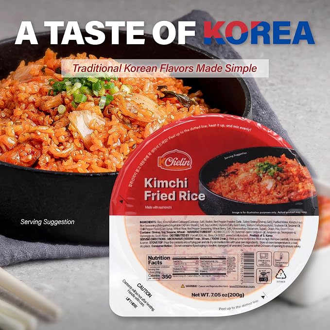 [KCHELIN] Microwaveable Korean Kimchi Fried Rice (Pack of 6), Korean Food, Instant, Quick & Delicious, Shelf- Stable, On-the-Go Meals, 7.05 oz per Bowl
