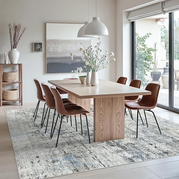 Soalmost Abstract Rug 8x10 Large Living Room Area Rugs Washable Gray/Blue | Modern Non-Slip Carpet for Dining Bedroom, Stain Resistant Foldable Thin Low Pile Floor Mat Under Table Home Office Decor
