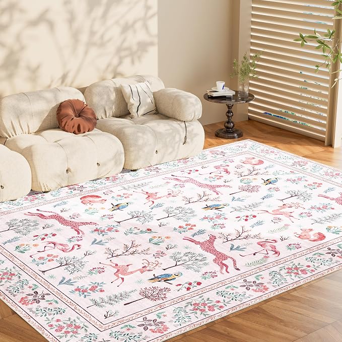 DUKINO 5x7 Area Rugs, Washable Animal Rug for Living Room Non Slip, Pink | Low Pile, Soft Indoor Carpet for Bedroom, Kids Room, Dining Room, Pet Friendly, Farmhouse, Stain Resistant, Non-Shedding