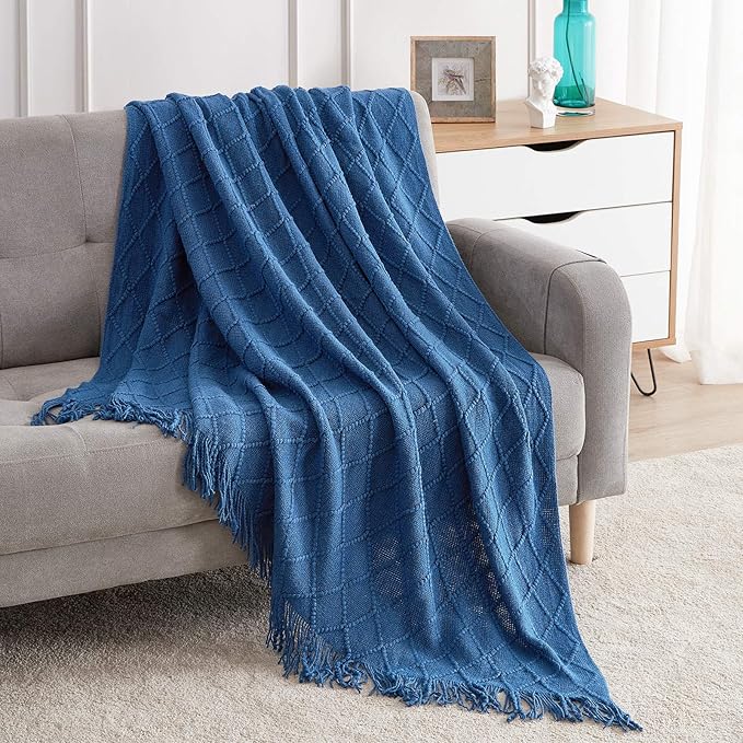 BOURINA Royal Blue Throw Blanket 50x60 Inch Knitted Soft Throw Sofa Blanket | Knitted Throw Blanket 50x60 Inches, Soft Lightweight Boho Weave Throw Decorative Couch Blanket for Living Room Bedroom Chair