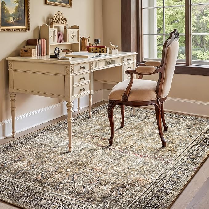 6x9 Area Rugs for Living Room, Non-Slip Washable Brown Vintage Carpet | Soft Area Rugs for Bedroom Dining Room Home Office Indoor Nursery, Stain Resistant, Low Pile, Vintage Distressed Rug