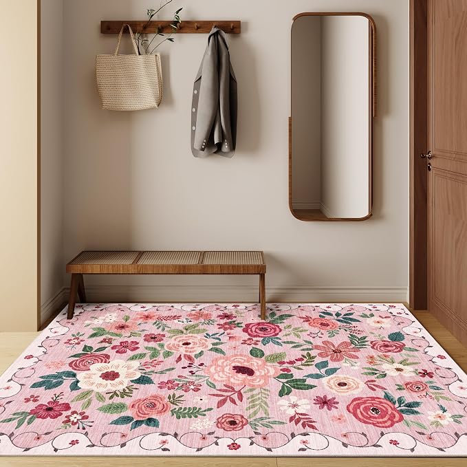 DUKINO 4x6 Area Rug, Floral Washable Rug Non Slip Office Chair Mat, Pink | Low Pile, Stain Resistant, Soft Indoor Rug for Bedroom, Living Room, Dining Room, Kids Room, Pet Friendly, Modern Home Decor