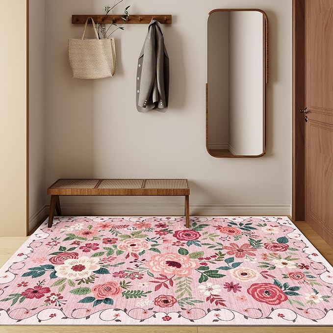 DUKINO 3x5 Area Rug, Floral Washable Rug for Bedroom Non Slip, Pink | Soft, Stain Resistant Low Pile Indoor Rug for Entryway, Bedroom, Bathroom, Living Room, Pet Friendly, Home Decor, Lightweight