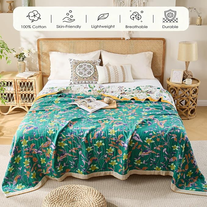 VANJOROY Boho Throw Blanket, 100% Organic Cotton Breathable Skin-Friendly Ultra Soft 60" x 80" Bed Quilt Throw - Floral Rustic Decor Luxury Reversible Blanket for Sofa Couch Chair and Gift,