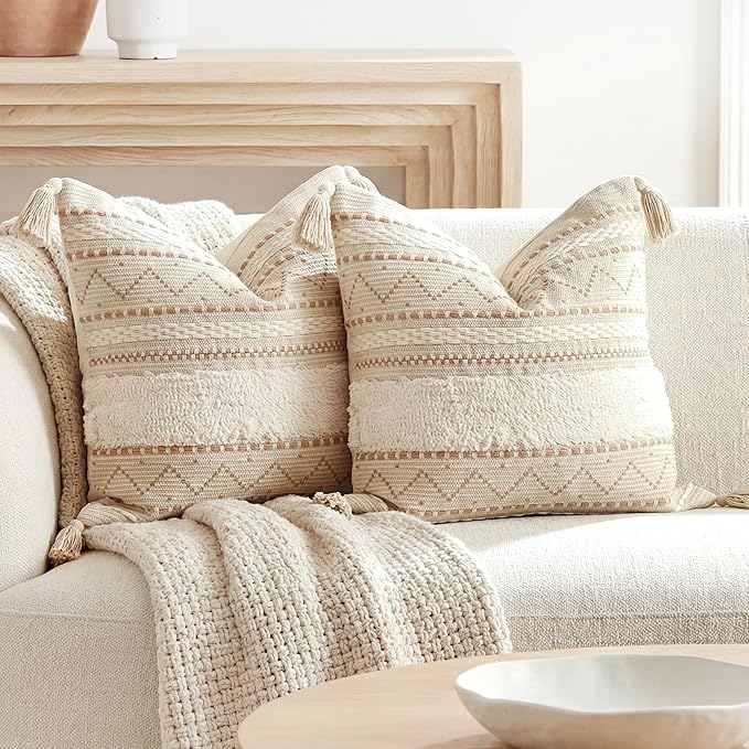 Decorative Throw Pillow Covers 18X18 Combo Set of 2 Square Cream Neutral White Boho Accent Pillowcase Tassels Farmhouse Cushion for Couch Sofa Bedroom Living Room Home Décor Cover ONLY