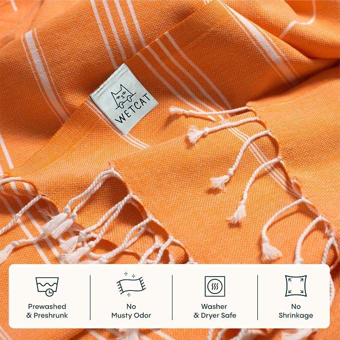WETCAT Turkish Beach Towel Oversized (38"x71") 100% Turkish Cotton, Made in Turkey - Sand Free, Extra Large, Ultra Soft, Quick Drying, Compact & Lightweight for Travel - Orange
