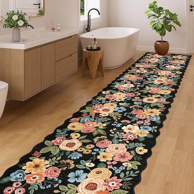 DUKINO 2.6x12 Washable Runner Rug, Floral Non Slip Long Kitchen Rug, Black | Low Pile, Stain Resistant, Soft Throw Rugs Runner for Hallway, Entryway, Bedroom, Bathroom, Modern Home Decor, Non-Shedding