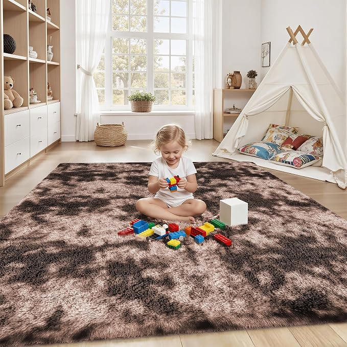 Area Rug for Living Room Bedroom: 6x9 Soft Fluffy Shag Upgrade Non-Slip High Pile Carpet Large Fuzzy Plush Indoor Floor Decor Shaggy Coffe Tie-Dyed Rug for Kid Boys Girls Playroom Nursery Modern Home