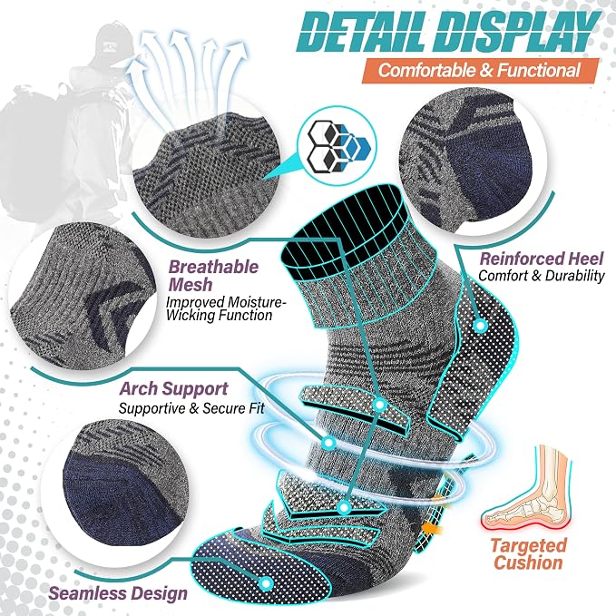 ANTSANG 6 Pairs Merino Wool Quarter Ankle Hiking Running Socks Compression Thermal Thick Cushion Socks for Women Men