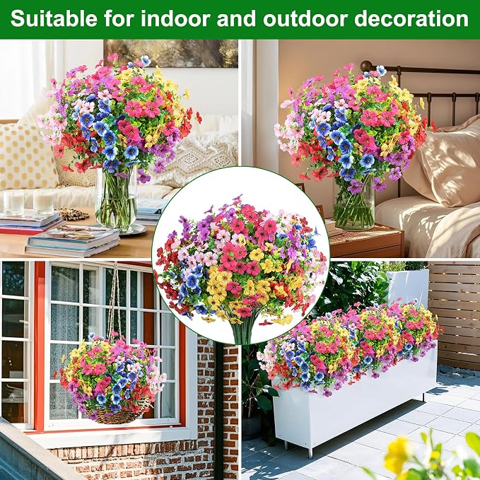 Ouddy Decor 12 Pcs Artificial Flowers for Outdoors Decorations, Multicolor | Colorful lifelike flowers, UV resistant, faux plastic plants, for garden porch window table vase home indoor outdoor decor