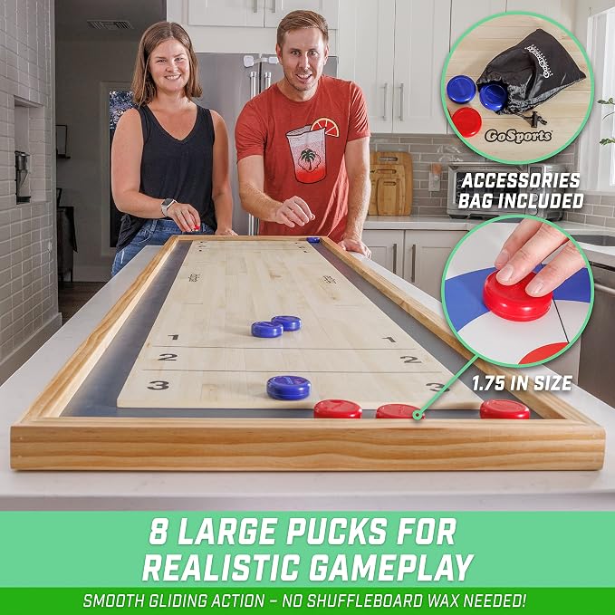 GoSports 6 ft Tabletop Shuffleboard and Curling 2 in 1 Game with 8 Pucks and Tote Bag