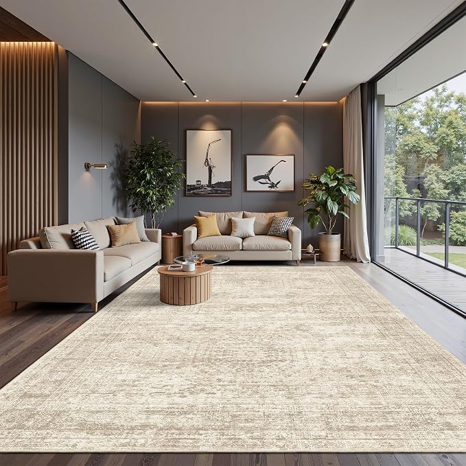 Soalmost 12x15 Washable Area Rugs Soft Living Room Rug Abstract Beige | Large Vintage Carpet Non-Slip for Dining Bedroom, Low Pile Thin Stain Resistant Foldable Indoor Floor Mat Home Office Decor