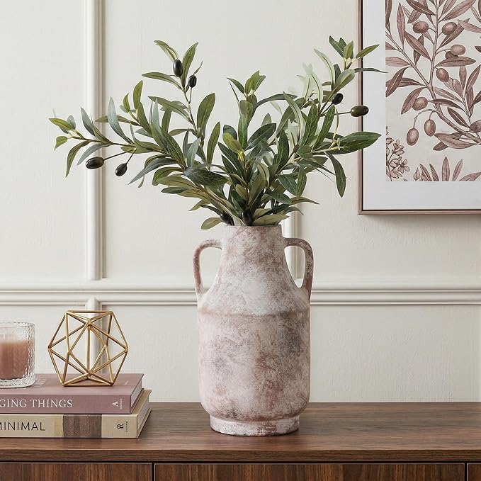Ceramic Flower Vase with Handles, 11 Inch Tall Rustic Vase, Large Terracotta Pottery Vase for Home Decor, Farmhouse Decorative Vase for Living Room Kitchen Table Shelf Bedroom Decor